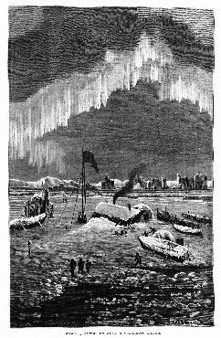 "Дом "Ганзы" на льду и северное сияние".
Иллюстрация к очерку: Охочинский П. В. Новая Земля и Колгуев остров // Живописная Россия. Отечество наше в его земельном, историческом, племенном, экономическом и бытовом значении / под общ. ред. П. П. Семенова. – Т. 1, ч. 1 : Северная Россия. Север и Северо-Восток Европейской России. Озерная или Древне-Новгородская область. – СПб. ; М., 1881. – С. 213 – 232.